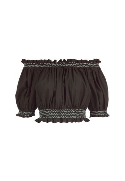 Haut court noir à épaules dénudées avec bandes élastiques smockées au niveau de l'encolure, des poignets et de l'ourlet, doté de manches bouffantes trois-quarts et de bords volantés.