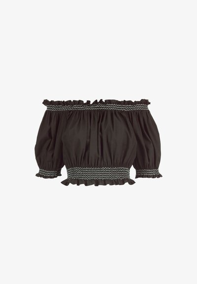 Haut court noir à épaules dénudées avec bandes élastiques smockées au niveau de l'encolure, des poignets et de l'ourlet, doté de manches bouffantes trois-quarts et de bords volantés.