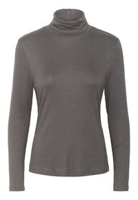 Pelēks ribots turtleneck tops ar garām piedurknēm, izgatavots no elastīga materiāla. Iezīmes cieši pieguļoša augsta apkakle un gluda tekstūra.