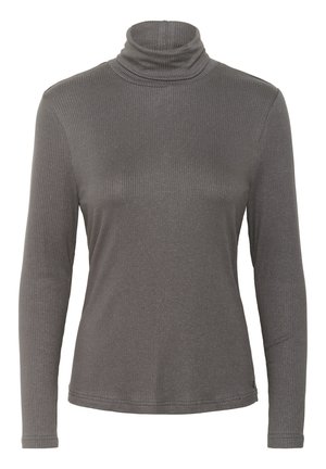 Pulover gri cu guler răsucit, cu mâneci lungi, realizat din material elastic. Prezintă un guler înalt, strâns și o textură netedă.