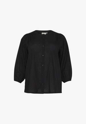 Schwarze Bluse mit Knopfleiste und strukturiertem Pünktchenmuster, gerafften Puffärmeln und runder Halslinie. Weicher Stoff, lockere Passform.