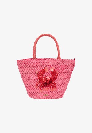 Bolso tote tejido en color rosa con un diseño de cangrejo, con lentejuelas y acentos rojos. Asas redondeadas y forma estructurada.