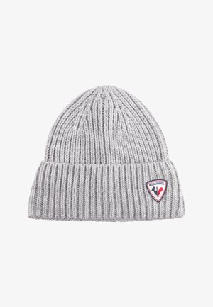 Gorro de punto gris con canalé, con puño doblado y parche del logo triangular de Rossignol en el lado derecho frontal.