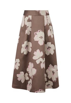 Brauner A-Linien-Rock mit großem weißem und hellrosa Blumenmuster, midilang, mit figurbetontem Bund.