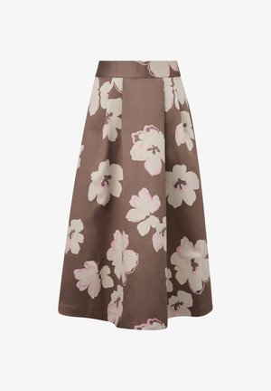 Bruine A-lijn rok met groot wit en lichtroze bloemenpatroon, mid-lengte, en een aansluitende tailleband.