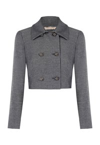 Veste grise coupée en tissu texturé avec un col à revers et un devant croisé, ornée de boutons floraux métalliques et de manches longues.