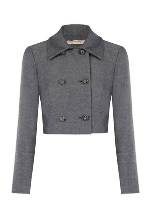 Taillierte graue Jacke aus strukturiertem Stoff mit Reverskragen und doppelt geknöpftem Vorderteil, versehen mit metallischen Blumenknöpfen und langen Ärmeln.