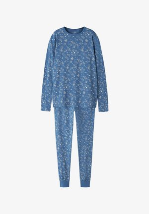 Blå pysjamasett med langermet overdel og bukser, dekorert med hvite romtema-mønstre som planeter, raketter, stjerner og satellitter.