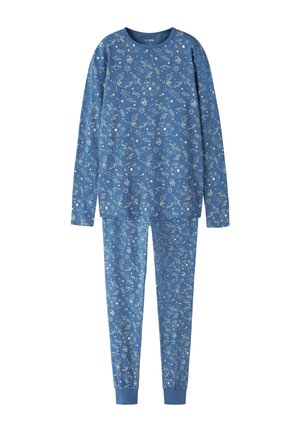 Blaues Pyjama-Set bestehend aus langärmeligem Oberteil und Hose mit weißen, weltraumbezogenen Mustern, darunter Planeten, Raketen, Sterne und Satelliten.
