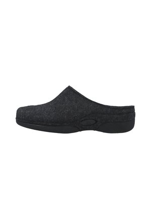 Sort slip-on hjemmesko med blød filt-overdel og tyk gummisål, designet til indendørs komfort og nem påtagning.