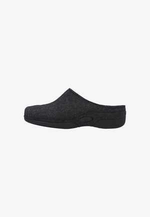 Pantofole nere slip-on con tomaia in morbido feltro e suola spessa in gomma, progettate per il comfort interno e per una facile calzata.