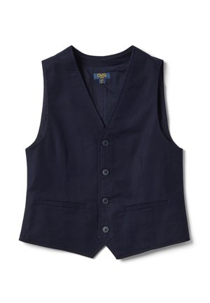 Gilet senza maniche blu navy per bambini con quattro bottoni sul davanti e due piccole tasche frontali, vestibilità aderente.