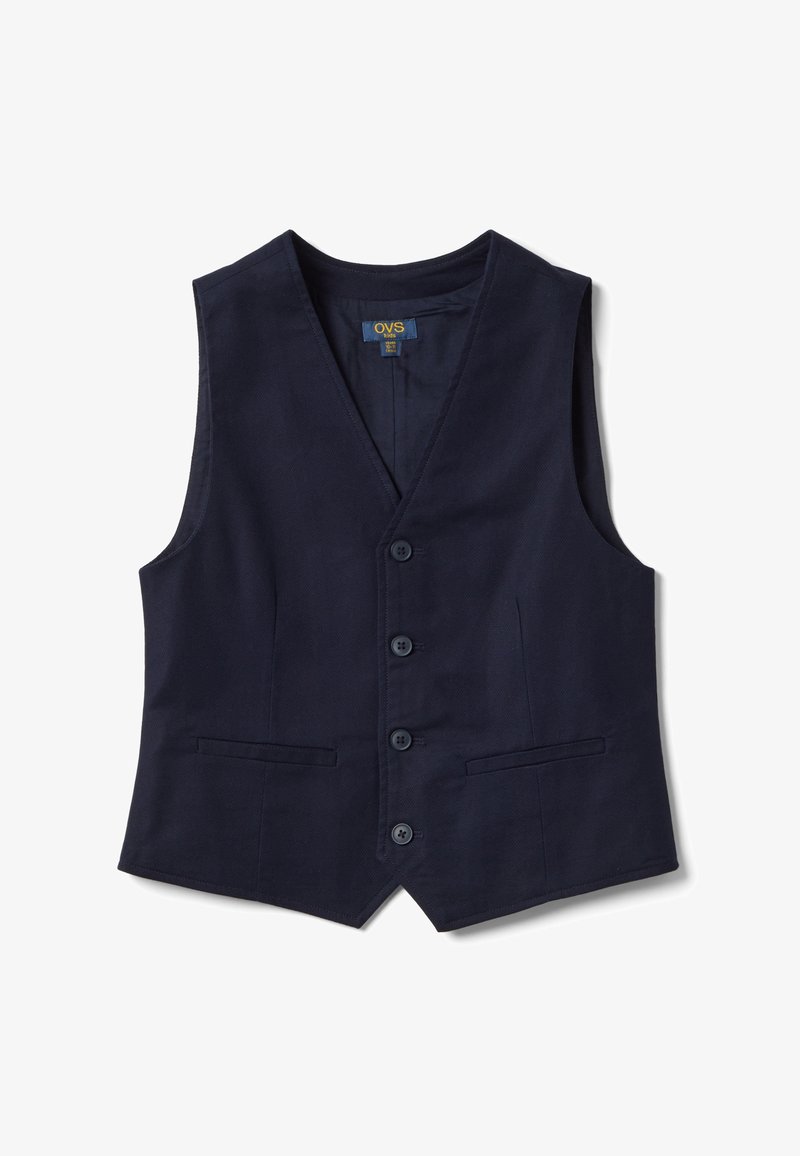 Gilet sans manches bleu marine pour enfants avec quatre boutons sur le devant et deux petites poches avant, coupe ajustée.