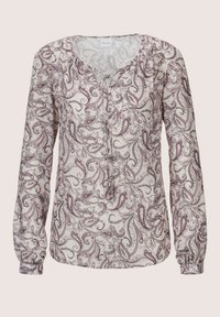 Langärmlige Bluse aus leichtem Material mit weißem Grund und aufwendigem burgunderfarbenem Paisleymuster, einem V-Ausschnitt und gerafften Manschetten.