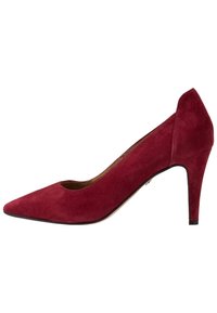 Červená semišová lodička na vysokém podpatku s špičatou špičkou, hladkým povrchem a štíhlým stiletto podpatkem. Má nízký výřez na nártu.