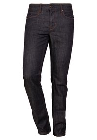 Mörka jeans i slim fit, med kontrasterande sömmar och en klassisk femfickdesign. Tyget har en slät och slitstark textur.