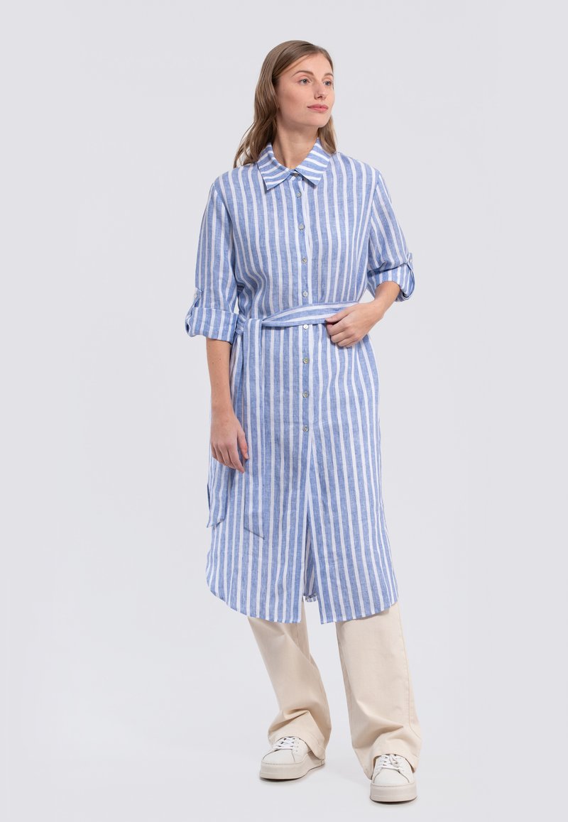 Light blue and white striped button-up dress with roll-up sleeves, a tied waist, and a knee-length cut, made from a textured fabric.