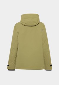 Veste imperméable verte olive avec capuche, dotée d'accents noirs aux poignets, texture lisse et design minimaliste avec un détail de logo au dos.