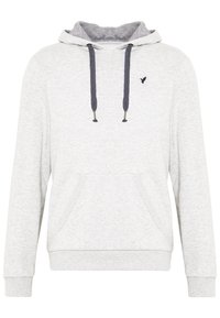 Grå huva sweatshirt med en texturerad inredning i huvan, dragsnoddar, framfickor och en liten logotyp på bröstet.