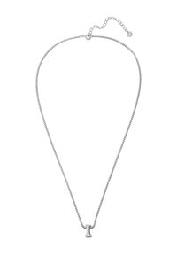 Sidabrinė grandinėlė su maža raidės "I" pakabuku, pasižyminti elegantišku dizainu ir reguliuojamu ilgiu naudojant grandinės prailgintuvą.
