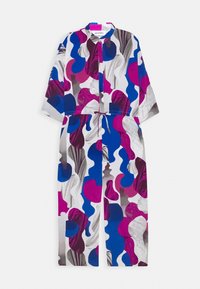 Combinaison à motifs avec des formes abstraites audacieuses en bleu, rose et gris. Confectionnée dans un tissu léger, elle dispose d'un col et d'une ceinture à nouer à la taille.