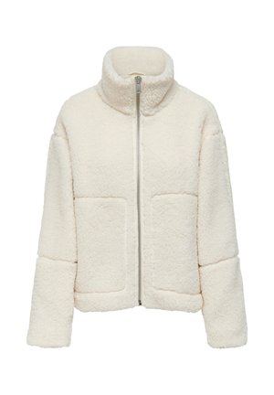 Veste sherpa zippée de couleur crème avec col haut, manches longues et deux poches avant à rabat, fabriquée en tissu texturé doux.