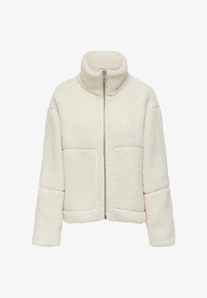 Jaqueta sherpa cremosa, com fecho zip, gola alta, mangas longas e dois bolsos frontais em patch, feita de um tecido macio e texturado.
