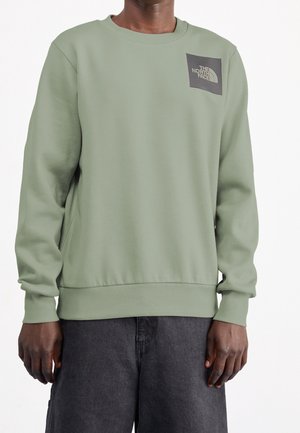 Person trägt einen salbeigrünen Pullover mit Rundhalsausschnitt und schwarzem "The North Face"-Logo auf der Brust sowie dunkelgraue Hose, steht vor weißem Hintergrund.