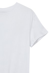 T-shirt bianco in cotone con collo rotondo classico e maniche corte. Il tessuto appare morbido con una texture liscia e senza motivi visibili.