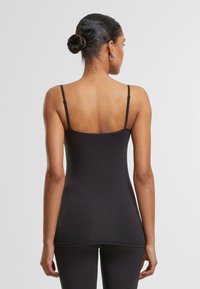 Black camisole with thin adjustable straps, fitted design, and smooth texture. No visible patterns or hardware. Simple back view.