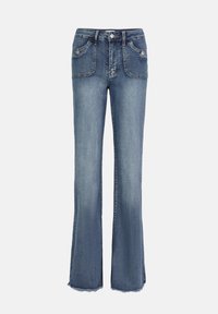 Flared jeans in medium blue denim, featuring two front pockets, subtle stitching, and a frayed hem. Classic five-pocket design.