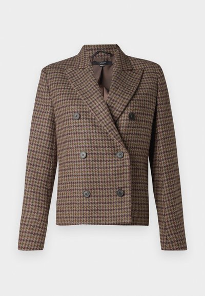 Dwurzędowa marynarka w kratę w kolorach brązu, burgundu i kremu. Teksturowana tkanina z czarnymi guzikami i szpiczastymi klapami.