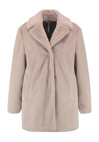 Abrigo de piel sintética color beige claro con cuello muesca, cierre de un solo botón y dos bolsillos laterales. Textura suave y silueta relajada.