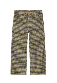 Pantalones a cuadros con un patrón marrón y amarillo, hechos de tejido entrelazado, con una cinturilla elástica y cordones ajustables.