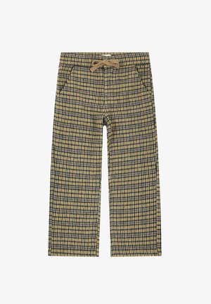 Spodnie w kratę w brązowo-żółtym wzorze, wykonane z tkaniny plecionej, z elastycznym paskiem w talii i sznurkiem do regulacji.