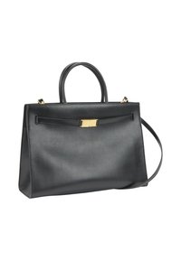 Svart läderhandväska med strukturerad form, dubbla rundade handtag, avtagbar axelrem och guldfärgad detalj på framsidan.