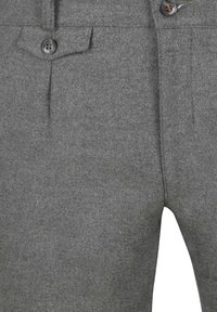 Grijze wollen broek met een flat front, twee knopen en een subtiele textuur. Inclusief zijzakken en een getailleerde pasvorm.