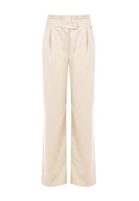 Pantaloni beige a vita alta con gambe larghe, pieghe frontali, una vita posteriore elasticizzata e chiusura con patta abbottonata.
