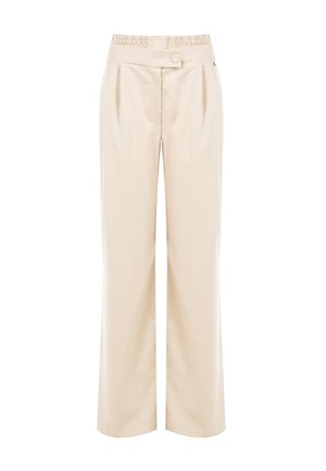 Pantaloni beige a vita alta con gambe larghe, pieghe frontali, una vita posteriore elasticizzata e chiusura con patta abbottonata.