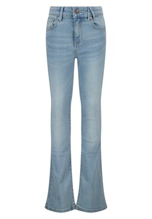 Jasnoniebieskie dzwony z denimu o wysokim stanie, z przeszyciami i standardowym układem pięciu kieszeni. Posiadają zapięcie na guzik i suwak.