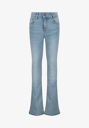 Hellblaue Jeans mit weitem Bein, hoher Taille, gesteppten Details und klassischem Fünf-Taschen-Design. Verfügt über einen Knopfverschluss und einen Reißverschluss.