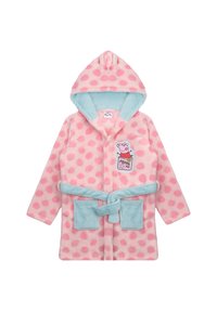 Pink polka-dot children's robe featuring a light blue hood and belt, with plush fabric and a Peppa Pig graphic on the pocket.