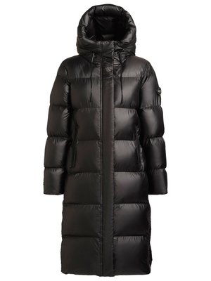 Long black puffer coat with a high neck hood, quilted design, front zipper, and two side pockets. Smooth and shiny texture, insulated material.