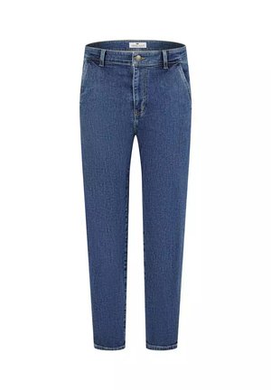 Dżinsy w ciemnoniebieskim kolorze o prostym kroju, z zamkiem błyskawicznym, pięcioma kieszeniami i subtelnymi detalami w postaci przeszyć. Gładka tekstura na całej powierzchni.