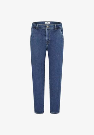 Dżinsy w ciemnoniebieskim kolorze o prostym kroju, z zamkiem błyskawicznym, pięcioma kieszeniami i subtelnymi detalami w postaci przeszyć. Gładka tekstura na całej powierzchni.