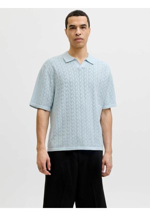 Mand iført lyseblå tekstureret kortærmet polo-shirt og sorte vidde bukser, stående mod en ensfarvet hvid baggrund.