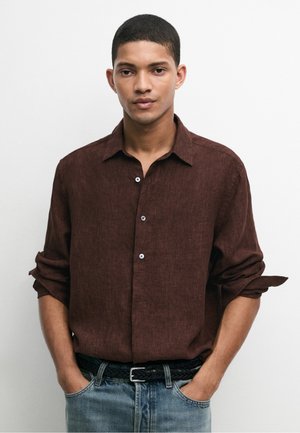 Massimo Dutti, 100% LINEN REGULAR FIT SHIRT WITH BUTTON DETAIL - Camicia - dark brown