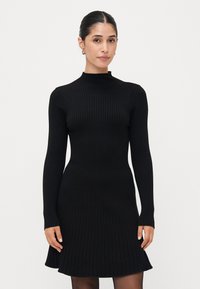 Robe en tricot côtelé noir avec un col montant et des manches longues, dotée d'un corsage ajusté qui s'évasent à l'ourlet.