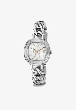 Silver metal watch with a square dial and a textured bezel. The chain-link bracelet features polished links and a patterned watch face.
