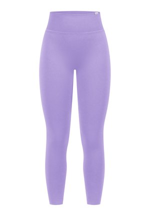Lilla leggings med høj talje, lavet af et glat, strækbart materiale. Minimalistisk design uden synlige mønstre eller accenter.